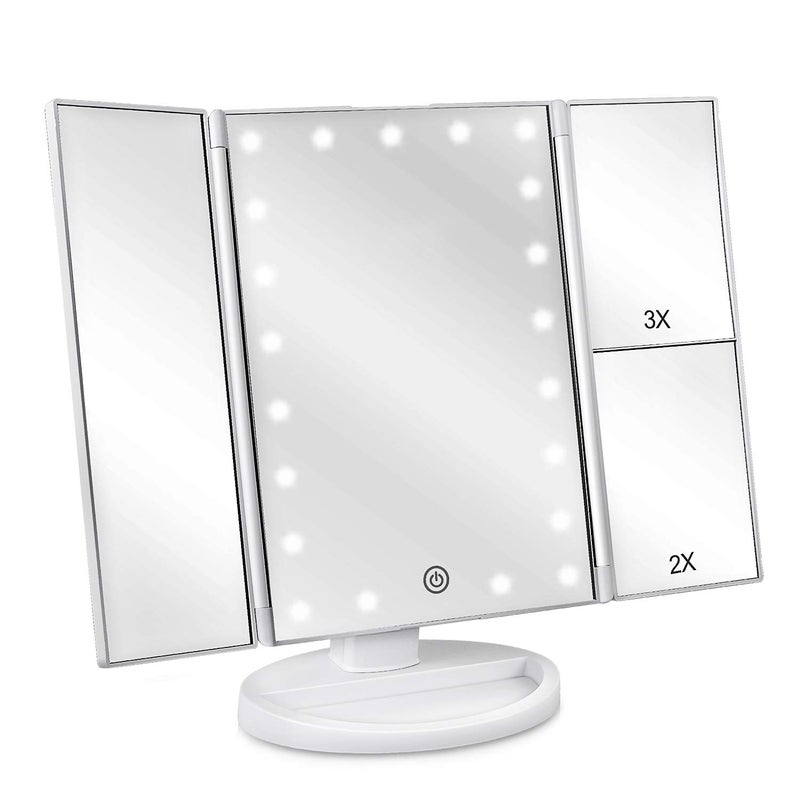 deweisn Floor Mount Tri-Fold Lighted Vanity Mirror with 21 LED Lights, Touch Screen and 3X/2X/1X Magnification, Two Power Supply Modes Make Up Mirror,Travel Mirror - Image 1
